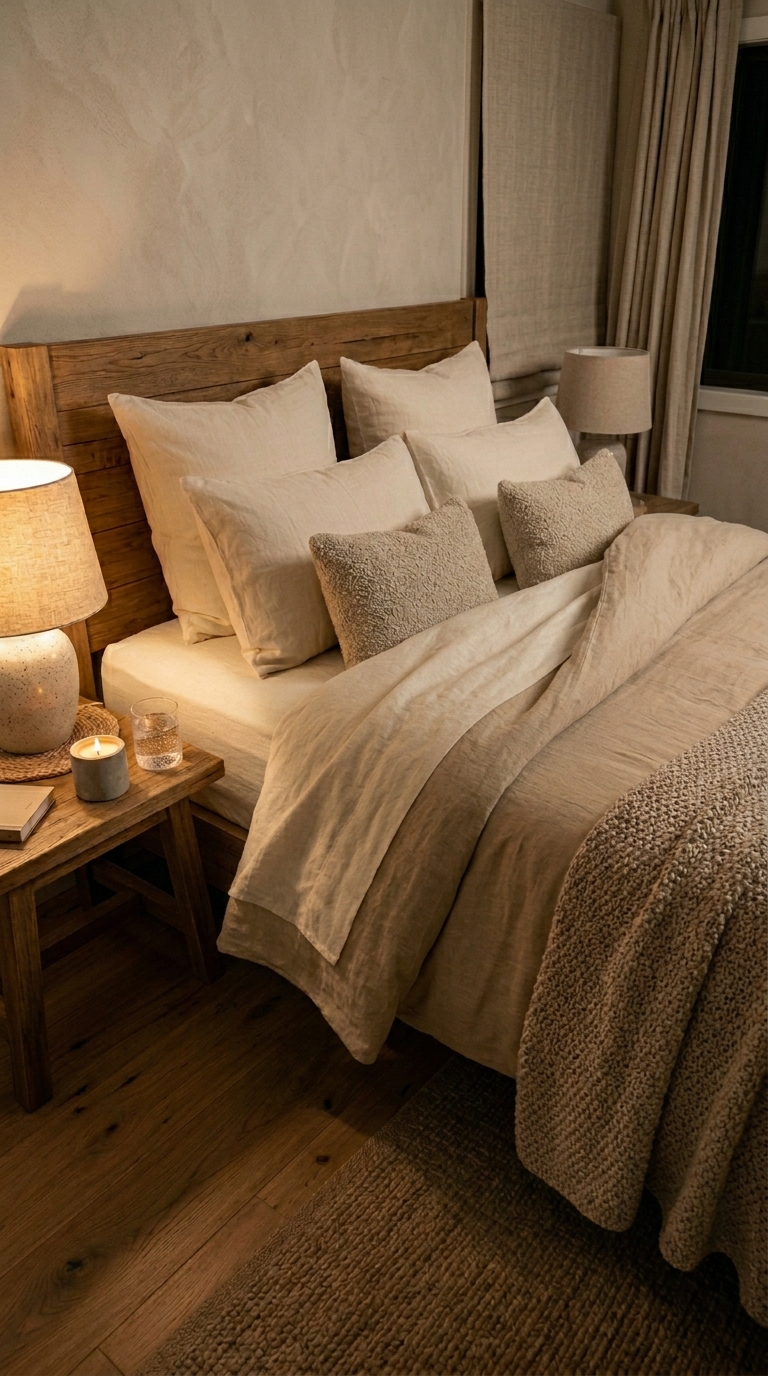 Bed turned down for evening — duvet folded back revealing cream sheet, lamp dimmed, candle lit