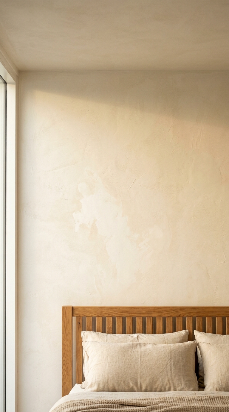 Warm white limewash plaster wall showing cream undertone and hand-applied texture in afternoon sidelight