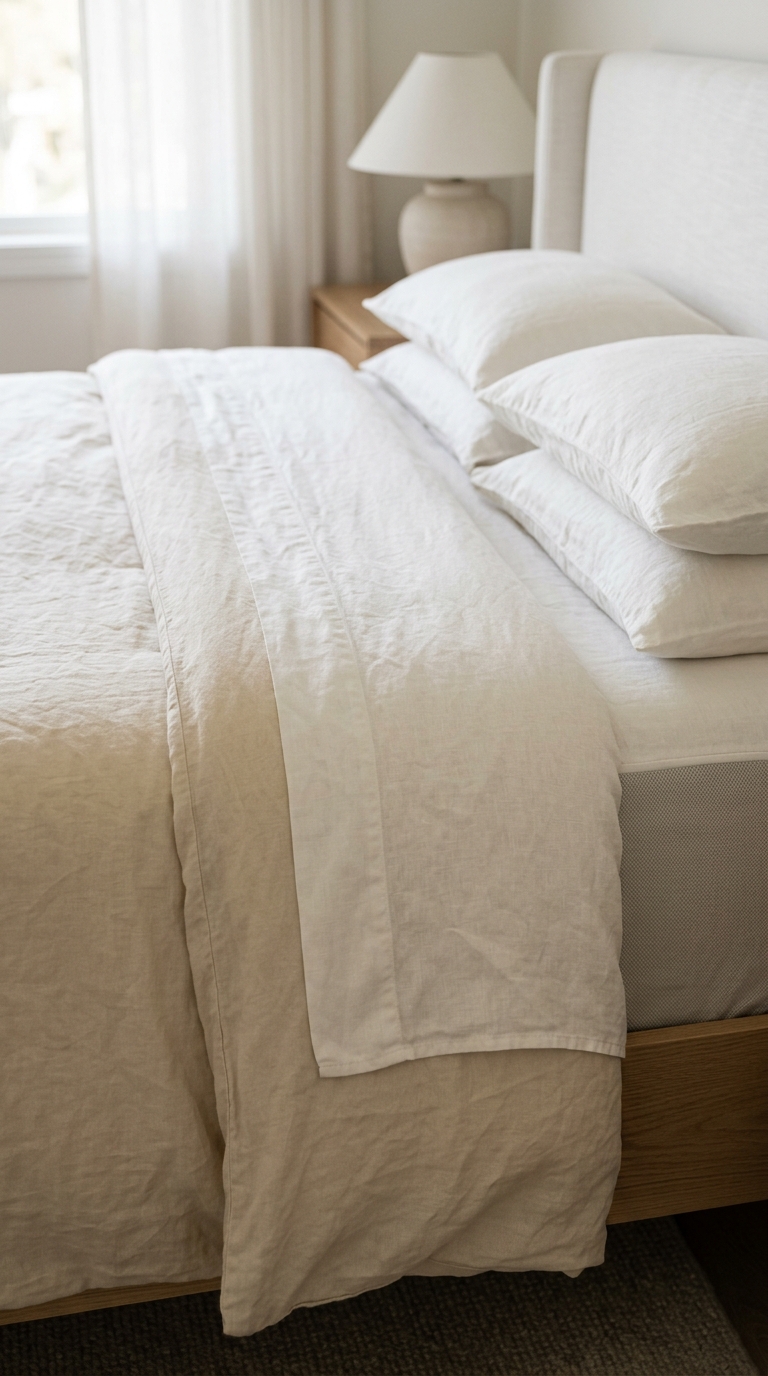 White-on-cream sheet fold-back showing half-shade tonal difference in washed linen