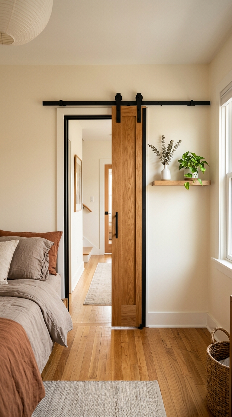 Slim barn-style sliding door in warm oak on matte black rail — reclaimed floor space beside doorway