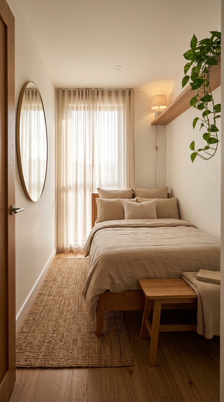 Bed pushed against right wall as deliberate choice — open left side with brass mirror and walking path