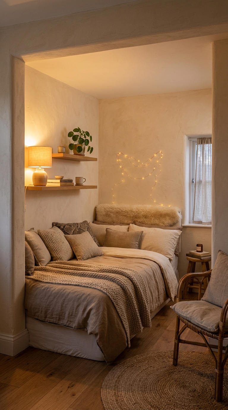 Bed tucked into corner as a deliberately cozy sleeping alcove with floating shelves and fairy lights