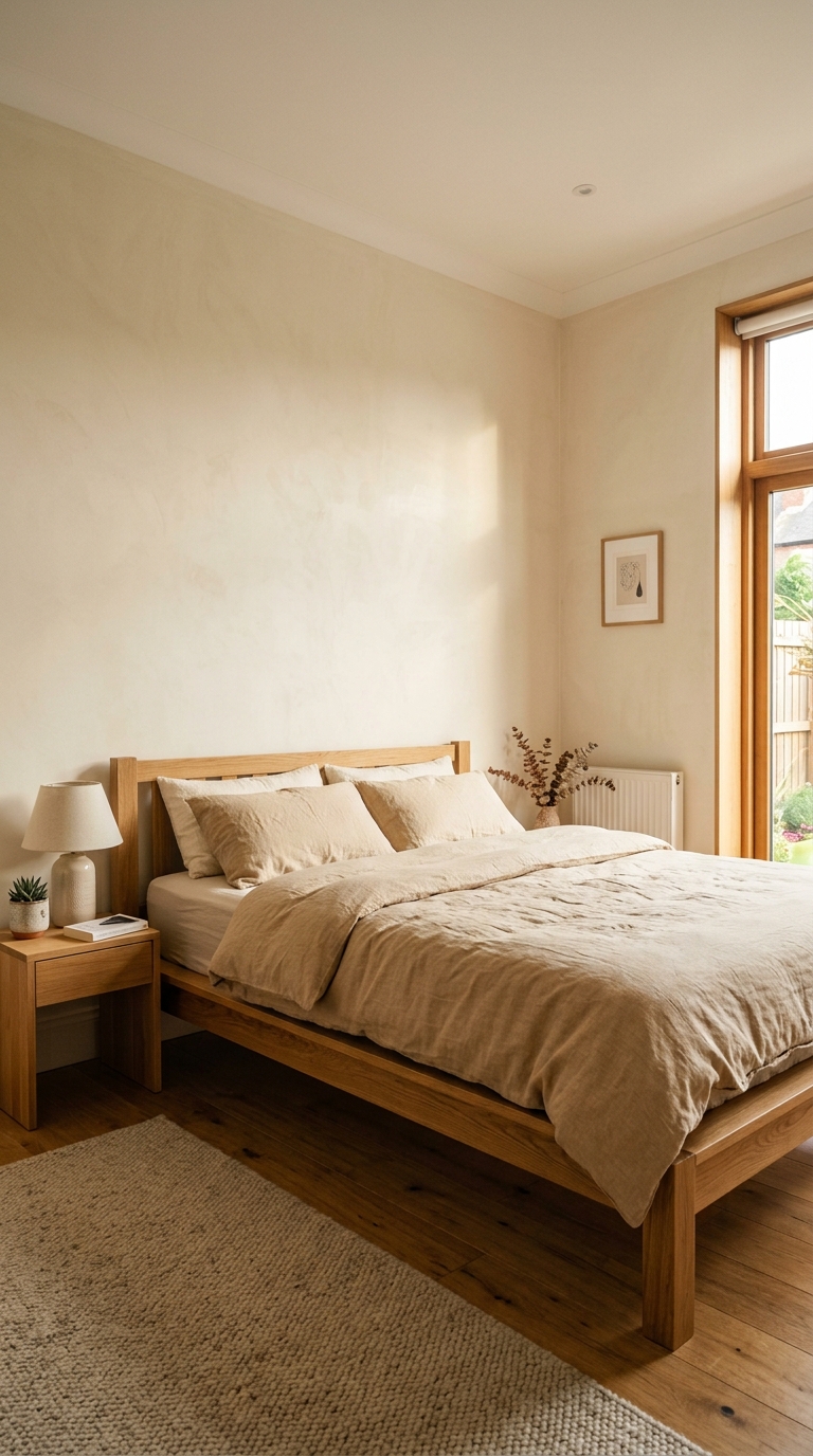 Small bedroom with queen bed perfectly centred on the widest wall — symmetrical floating shelves on each side