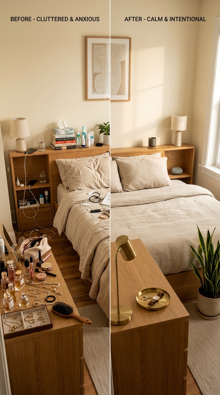 Split comparison — cluttered surfaces vs cleared to three objects maximum — same room, different feeling