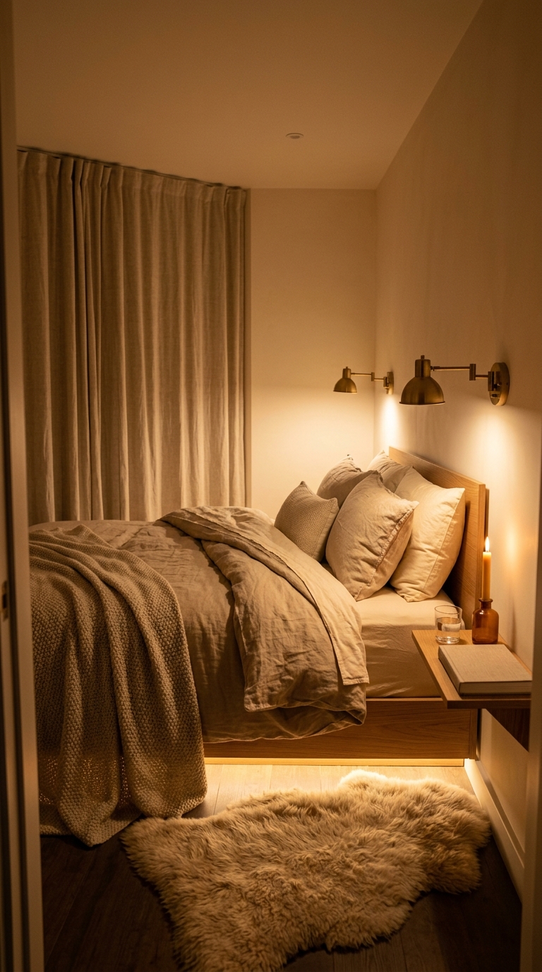Small bedroom at 10pm — sconces dimmed, candle lit, under-bed glow, sheepskin warm, world excluded
