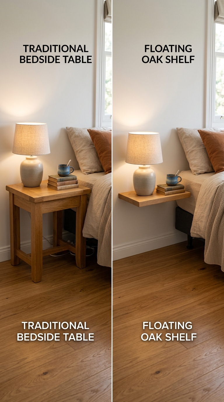 Split comparison — traditional bedside table vs floating shelf showing dramatic floor space difference
