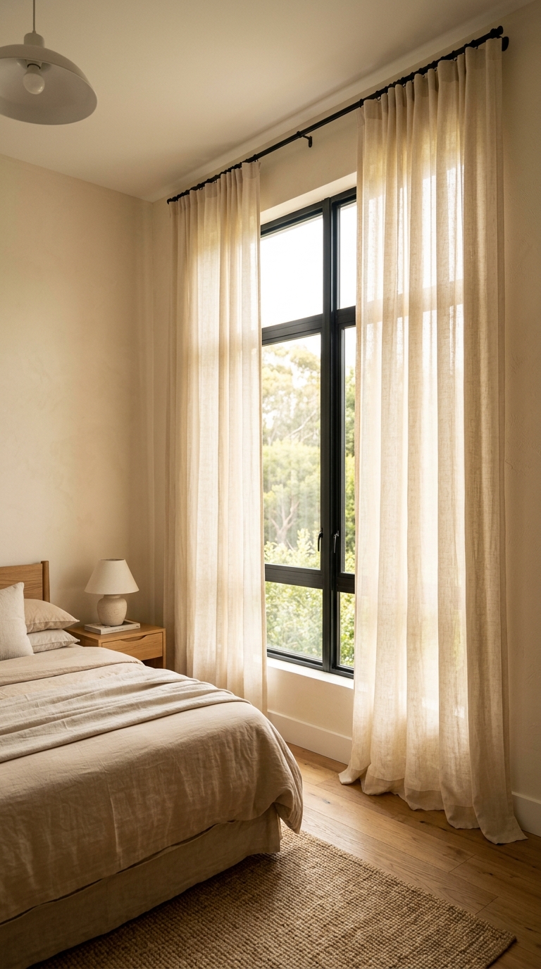 Floor-to-ceiling sheer linen curtains creating dramatic height — full 250cm drop from rod to puddle
