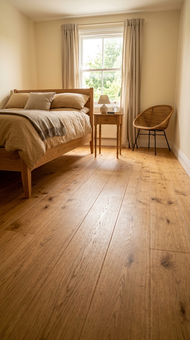 Floor-level shot showing warm oak floor flowing beneath bed, bedside table, and chair — all on legs