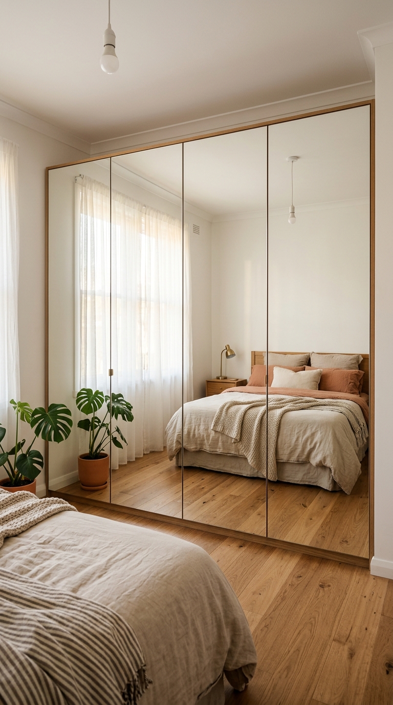Floor-to-ceiling slim wardrobe with frameless mirrored doors reflecting the complete opposite room