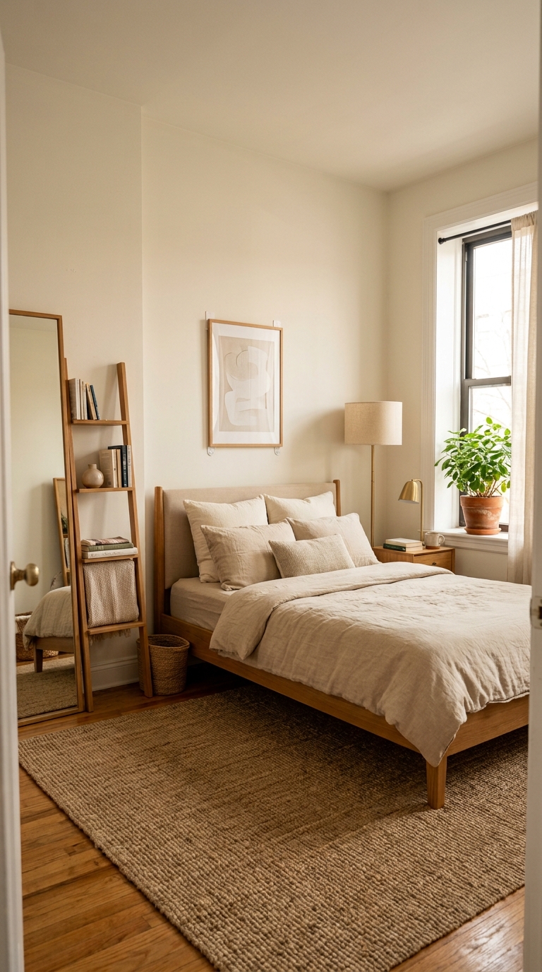 Beautiful rental bedroom with tension-rod curtains, leaning mirror, command-strip art, zero permanent fixtures