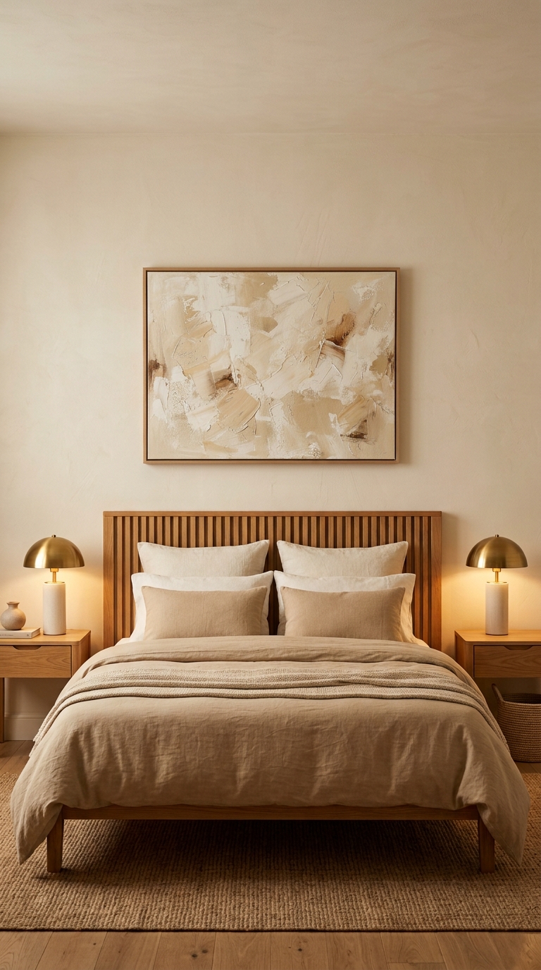 Single properly scaled abstract artwork above headboard — 65% width, thin oak floater frame