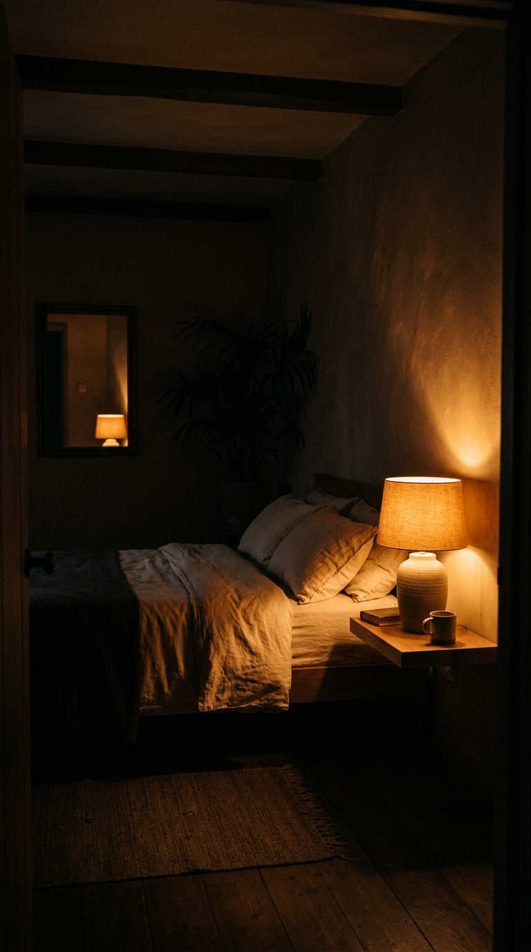 Small bedroom lit by single ceramic lamp — one warm pool of amber in otherwise dark room