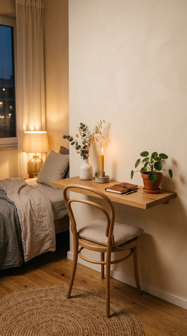Floating oak desk shelf in evening bedroom mode — candle, plant, chair tucked beneath