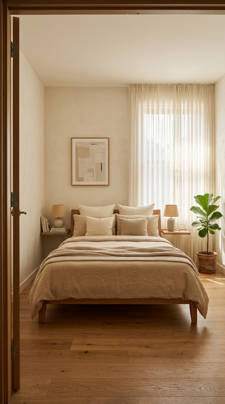 Symmetrical two-person small bedroom — each side with own sconce, shelf, sheepskin, independent light