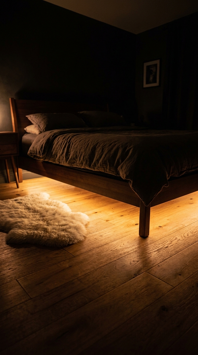 Small bedroom at night with warm under-bed LED strip — bed floating on pool of amber light