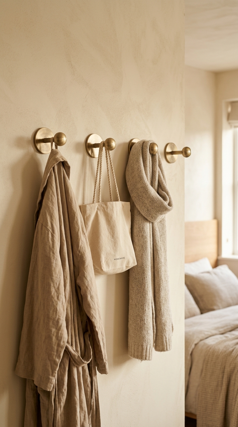 Four matching brushed brass hooks in precise row — dressing gown, tote, scarf, one intentionally empty