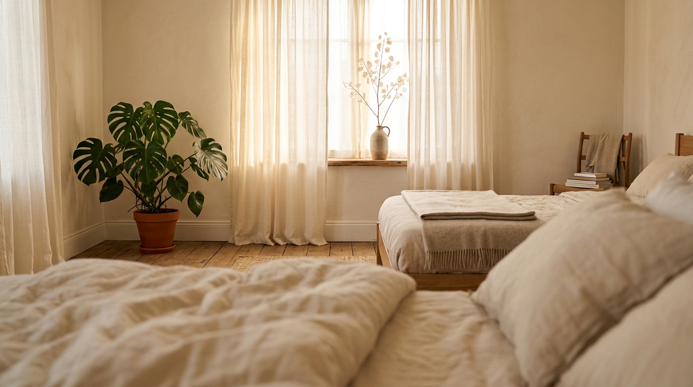 View from pillow level looking across a calm bedroom toward a window with sheer linen curtains