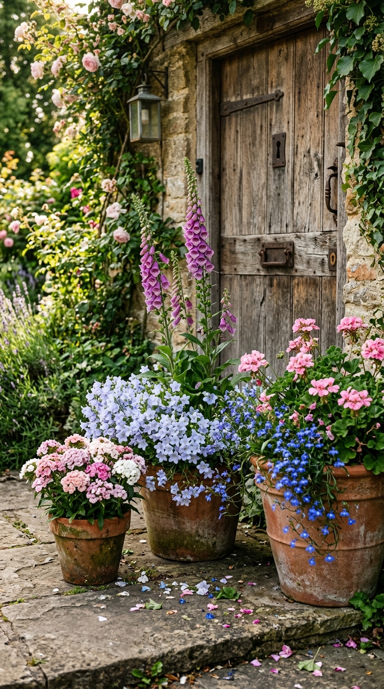 Close-up of terracotta pots on matching saucers
