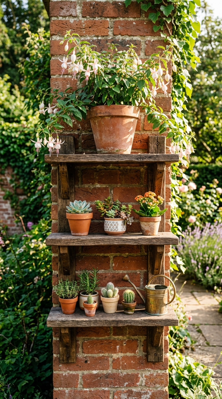 Cottage-style container garden at a rustic wooden door