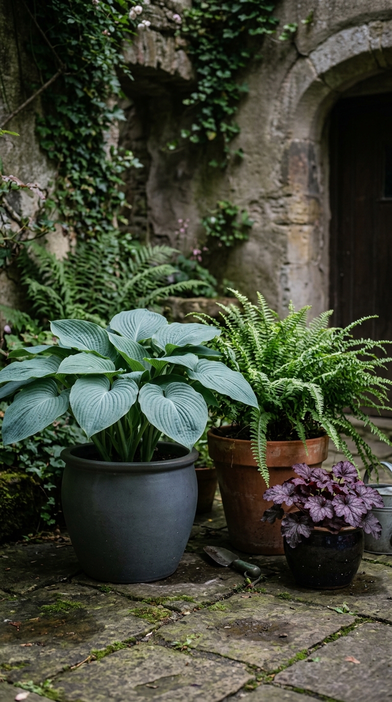 Three minimalist containers spaced apart on a concrete patio