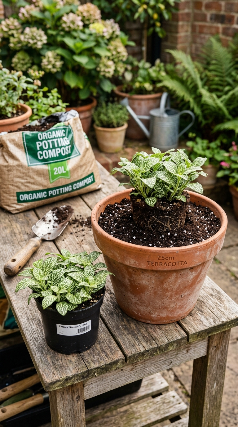 Hand pouring liquid plant food into a potted geranium