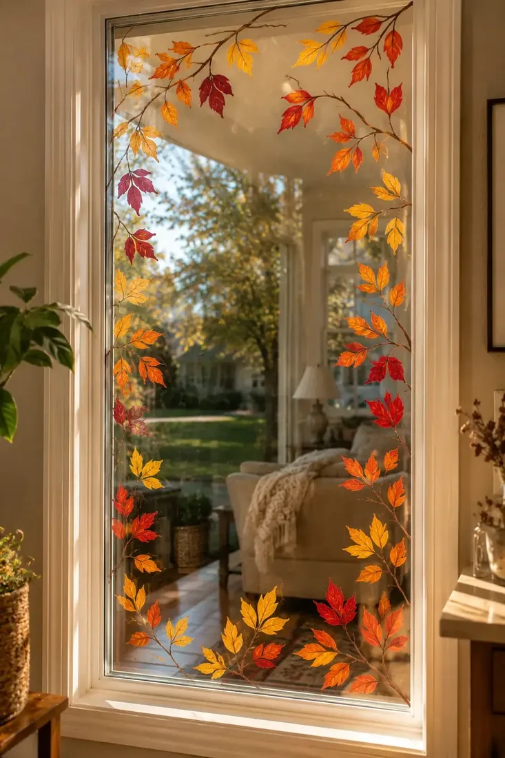Painted autumn branches forming a leaf border around a glass door with the centre left clear