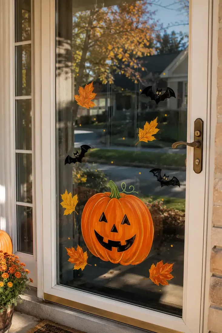Smiling painted pumpkin face with black bats and orange leaves on a glass front door