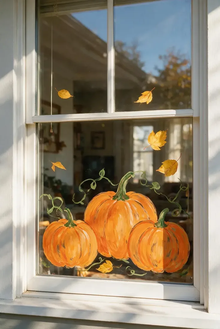Three orange pumpkins with green vines low on a white sash window with yellow leaves above