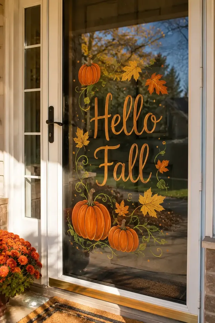Hello Fall script with painted pumpkins and leaves on a glass front door