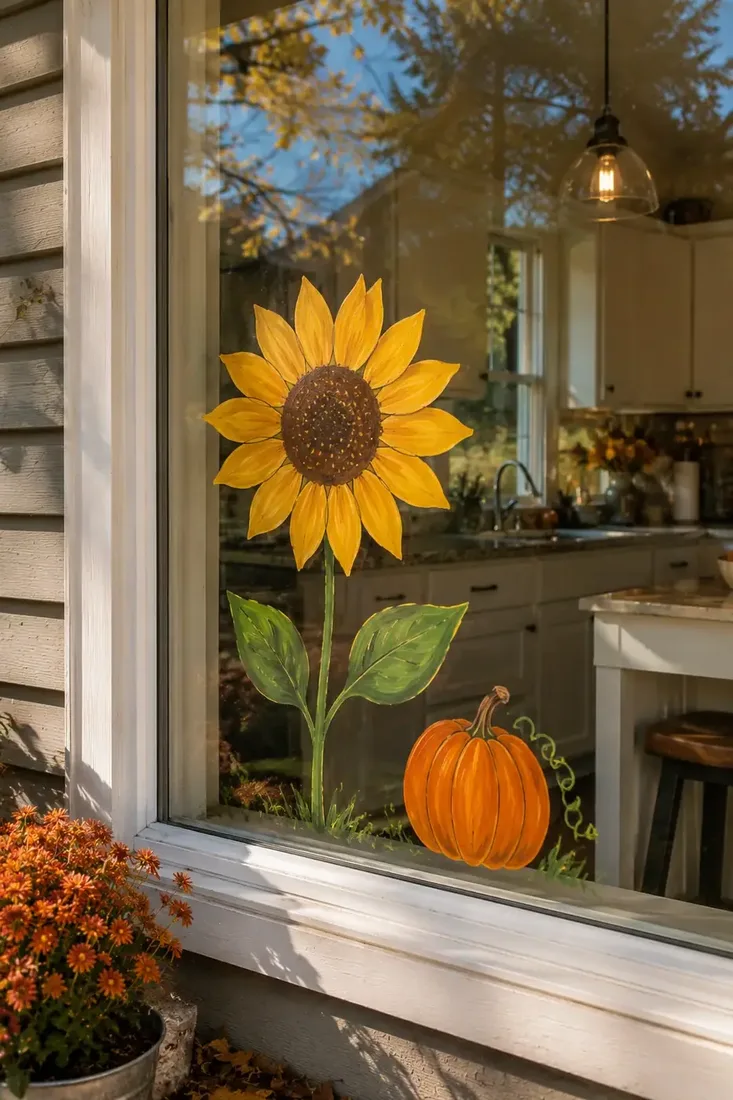 Large yellow painted sunflower with a small orange pumpkin on a kitchen window