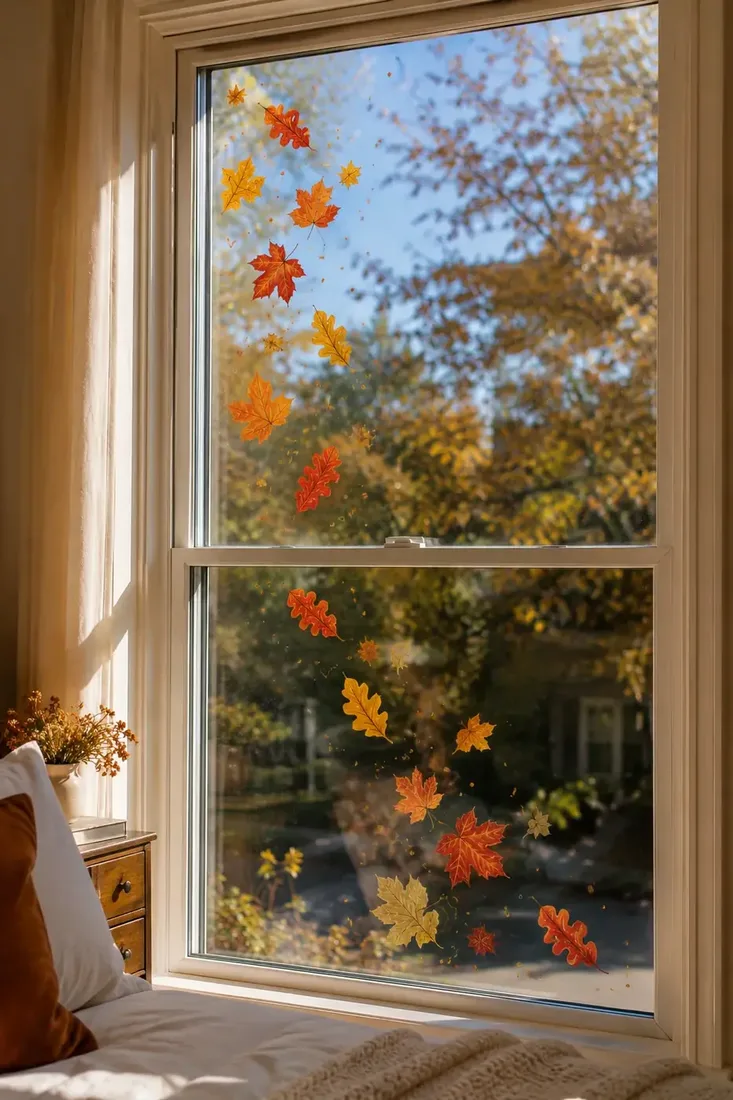 Orange and yellow painted leaves scattered diagonally across a bedroom window