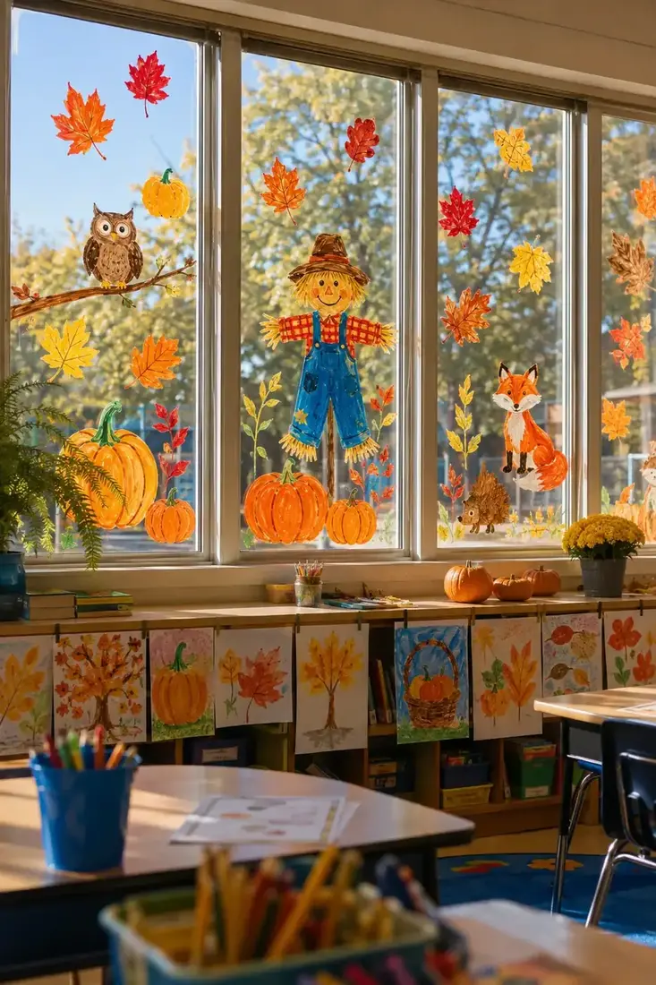 Four panes with owl, scarecrow, fox and pumpkins plus scattered leaves
