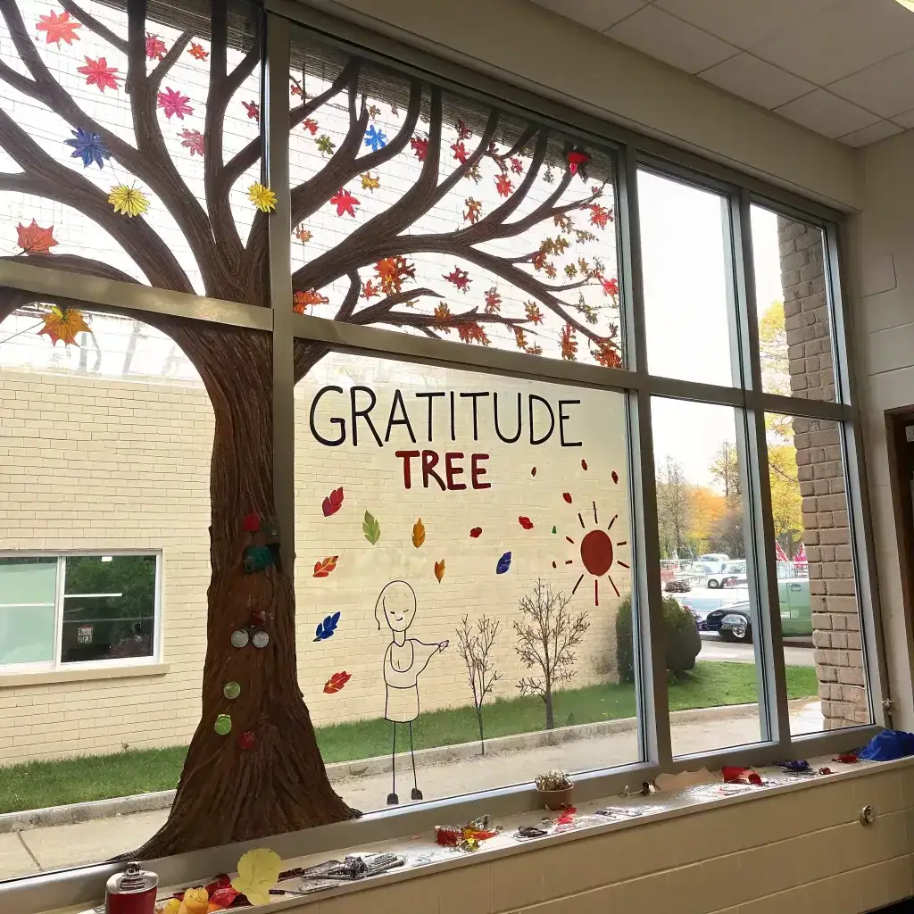 Tall painted trunk on hallway glass with scattered leaves and gratitude tree lettering