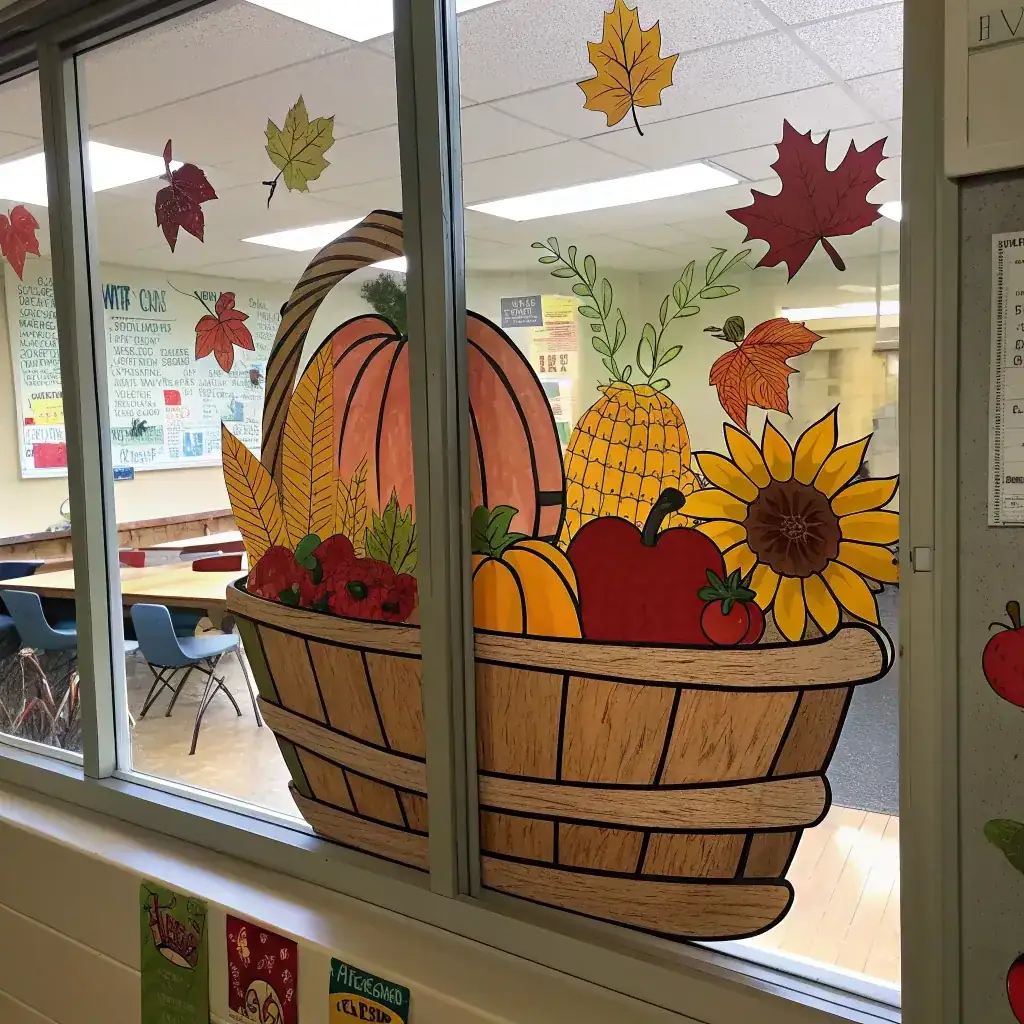 Large woven basket with pumpkin, apples, corn and sunflower across two panes