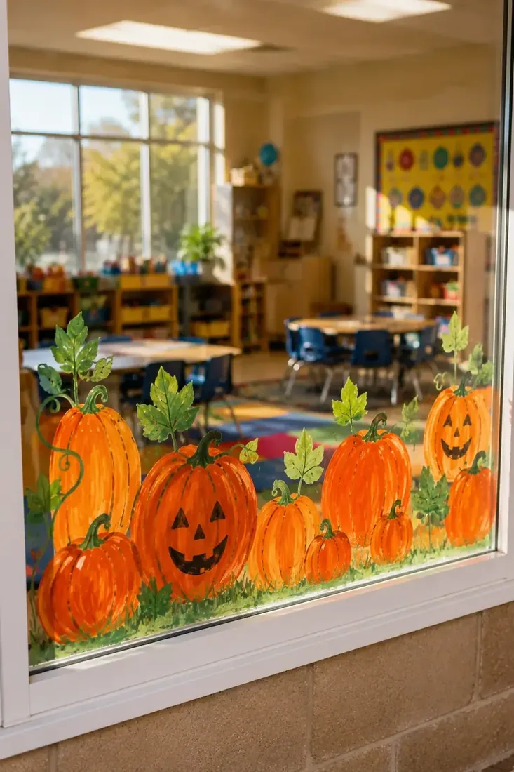 A painted row of pumpkins along the bottom of a classroom window, leaving the glass above clear