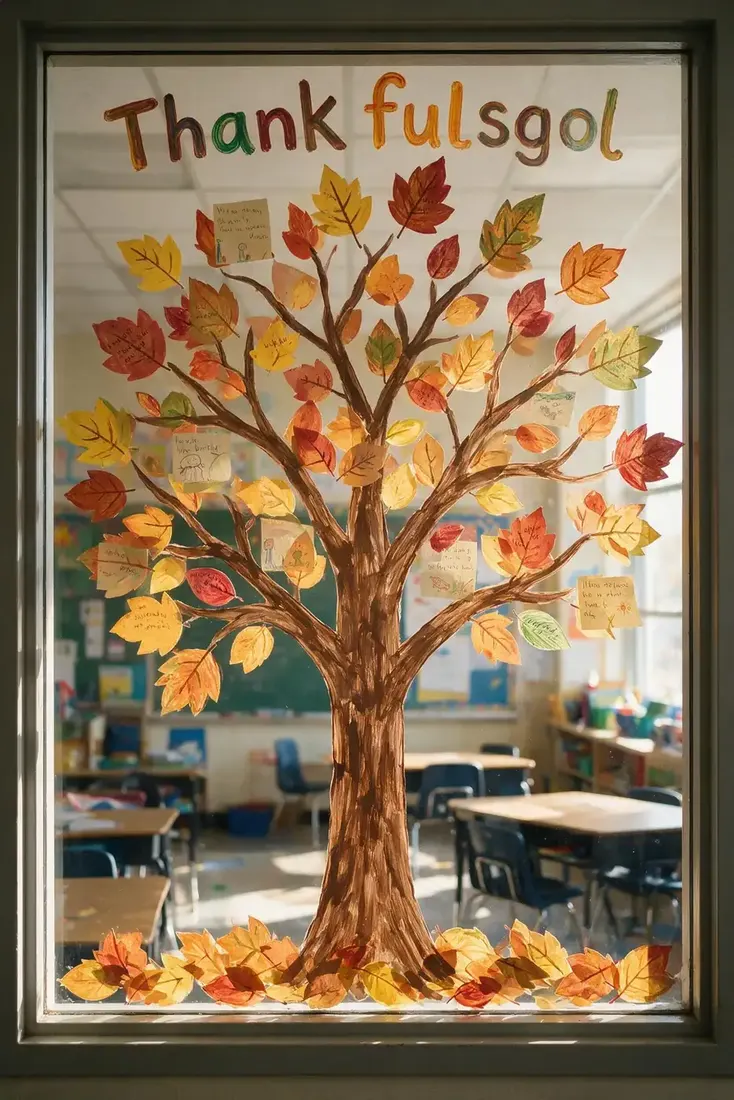 Centred painted tree with yellow and orange leaves and small notes tucked among branches