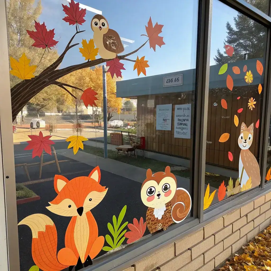 Painted fox, squirrel and owl with red and yellow maple leaves on low glass