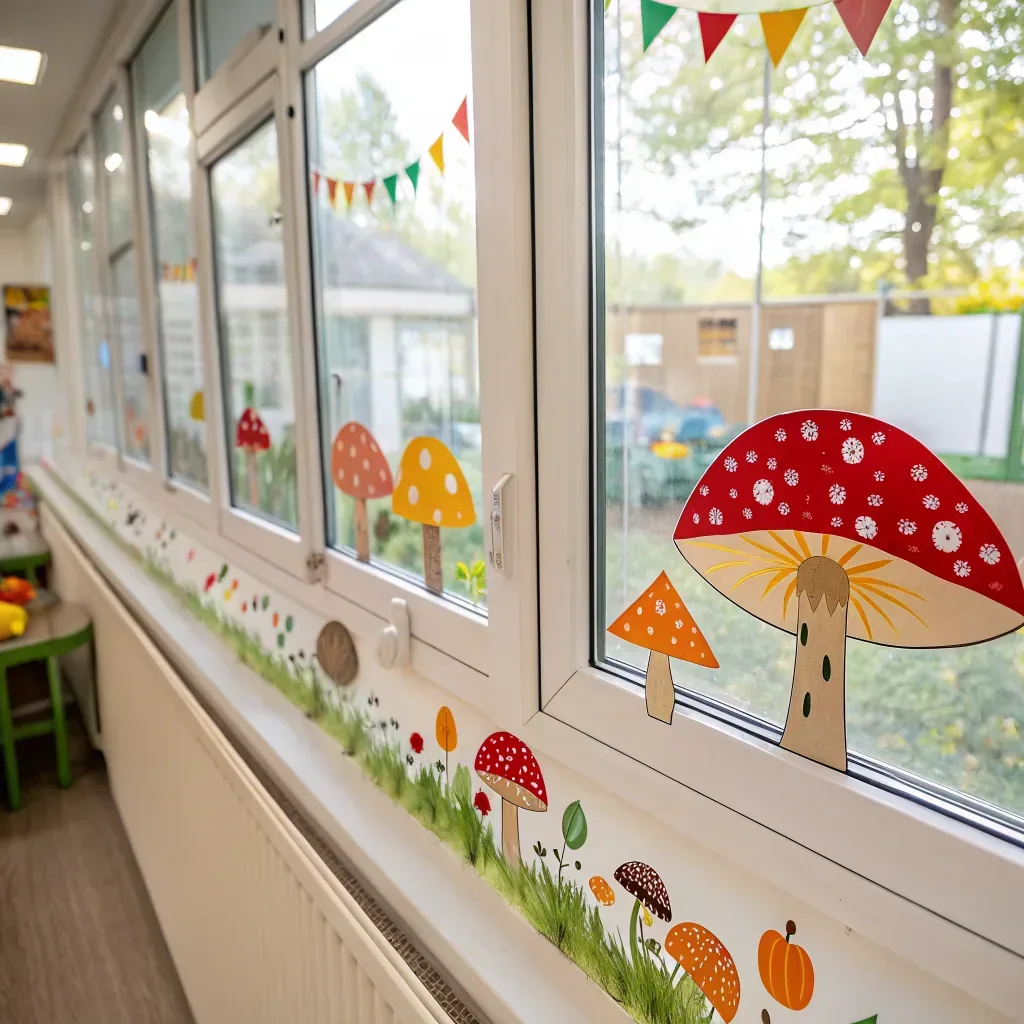 Low grass strip with red and orange toadstools along a nursery windowsill