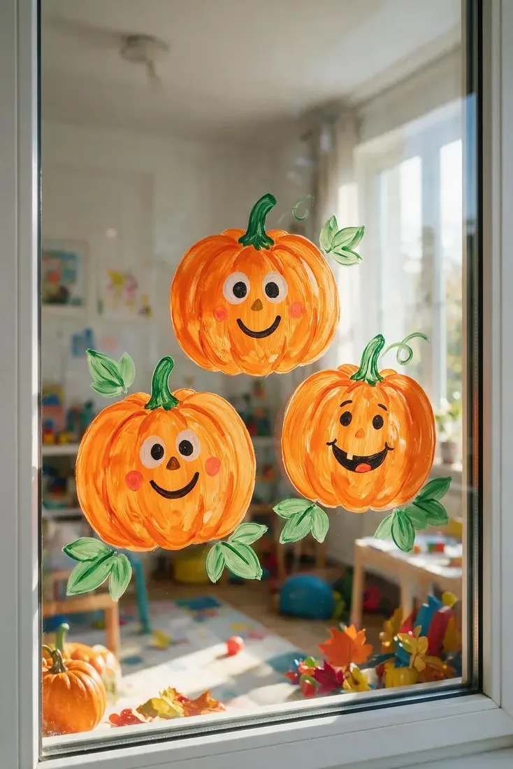 Three painted pumpkins with simple faces on a playroom window