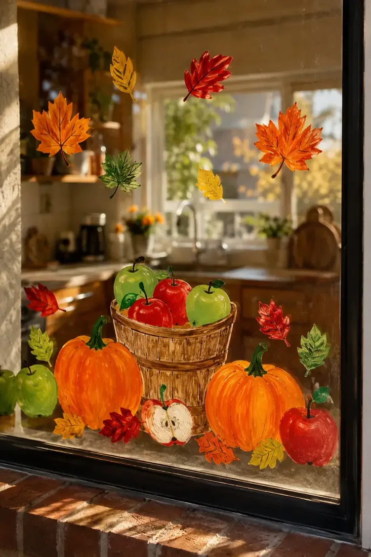 Painted harvest basket with apples and pumpkins on a kitchen window