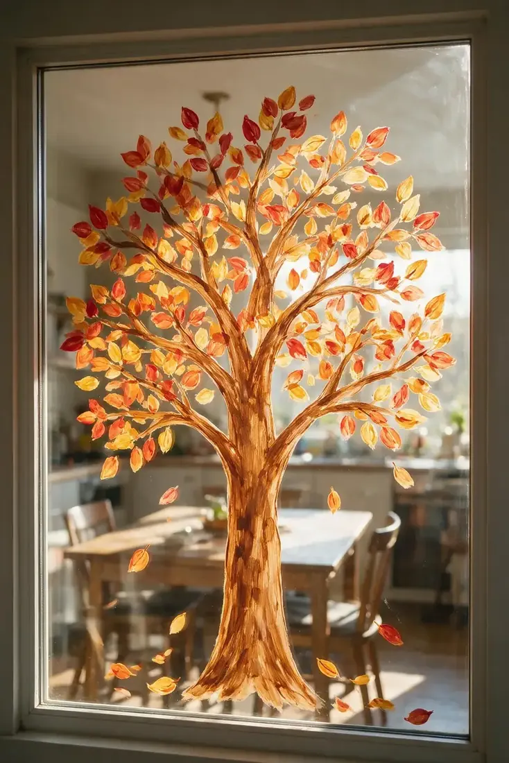 Tall painted autumn tree with red and yellow leaves filling a dining room window