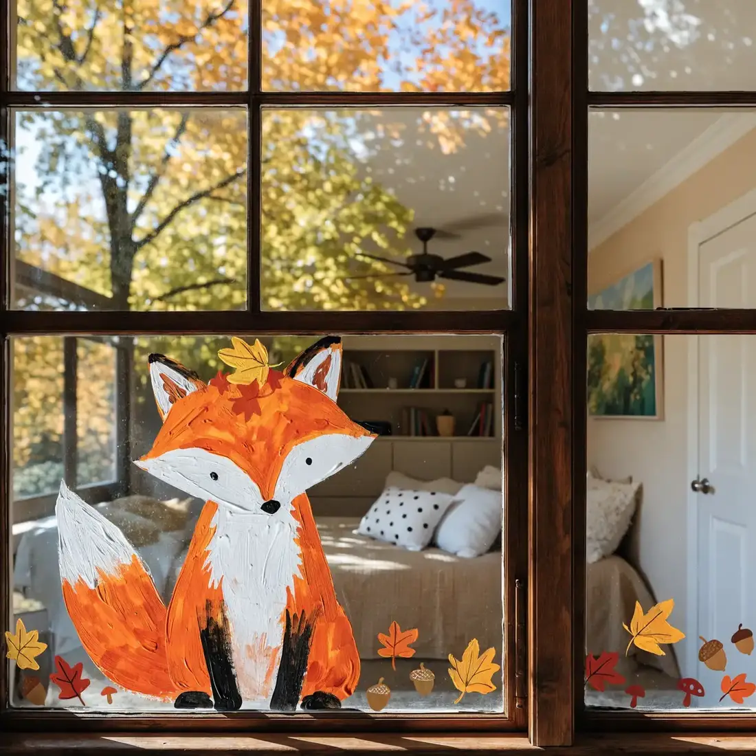 Large painted fox with a leaf on its head surrounded by small autumn leaves on a bedroom window