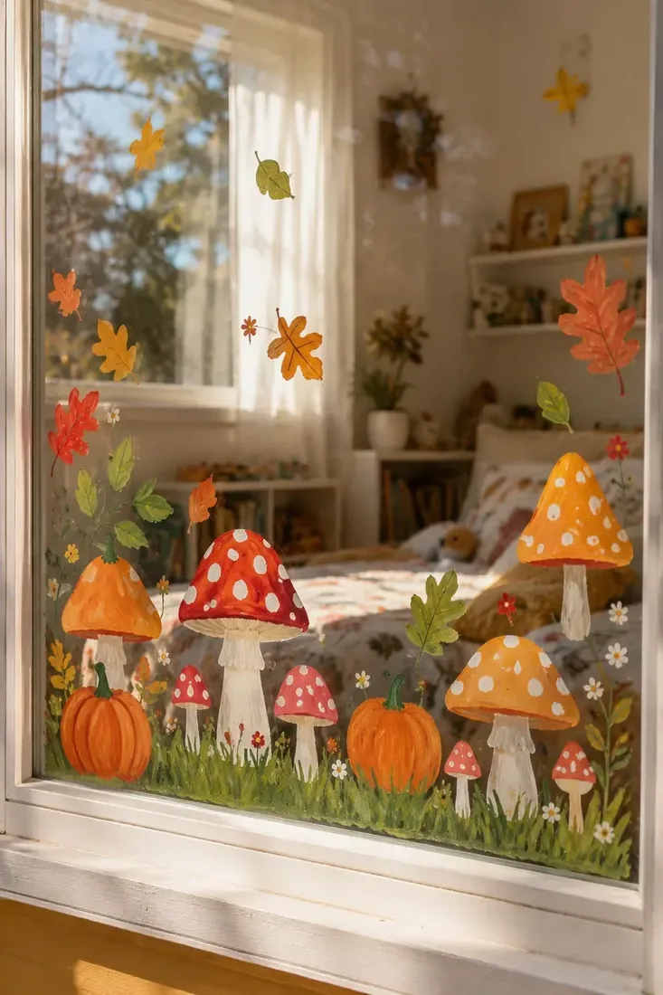 Painted toadstools, pumpkins and daisies along the bottom of a bedroom window