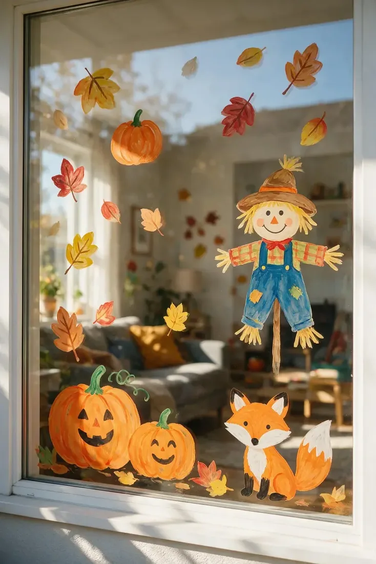 Small scarecrow, smiling pumpkins and a fox scattered across a living room window