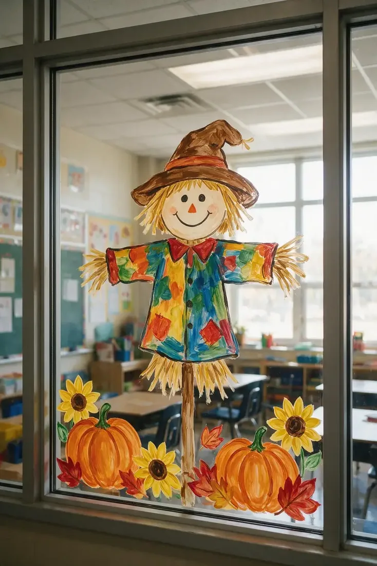 Painted patchwork scarecrow with pumpkins and sunflowers on a school window