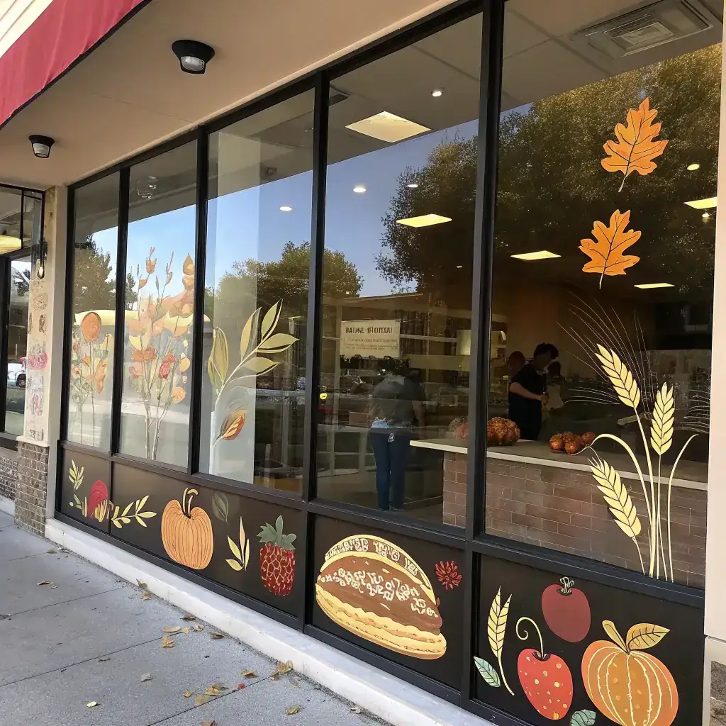 Bakery window with a painted pie and apples on the black stallriser and wheat stems on the upper glass