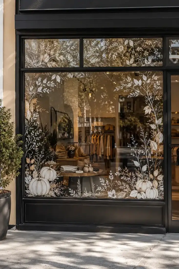 Boutique window with white botanical outlines and pale pumpkins framing clear central glass