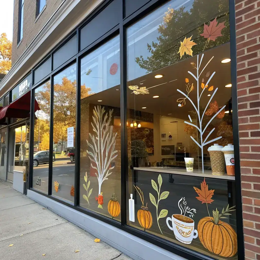 Cafe corner window with large painted coffee cups and orange pumpkins along the base