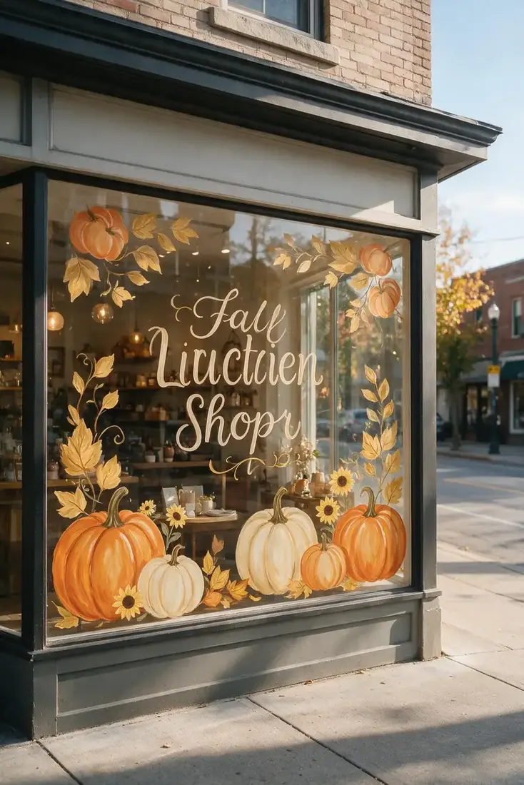 Corner shop window with large cream lettering surrounded by pumpkins and autumn leaves