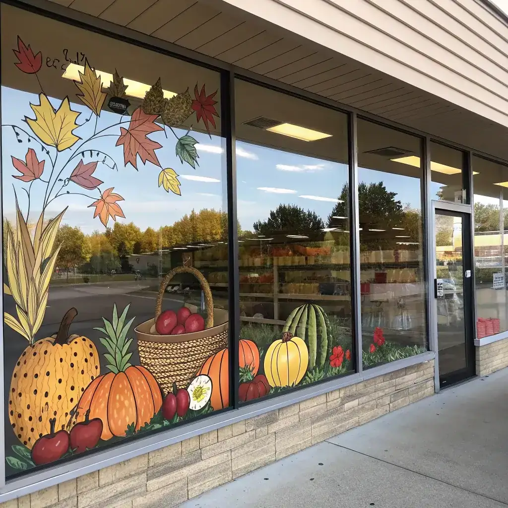 Autumn harvest painting across a shopfront, filling the lower corner and leaving the centre clear
